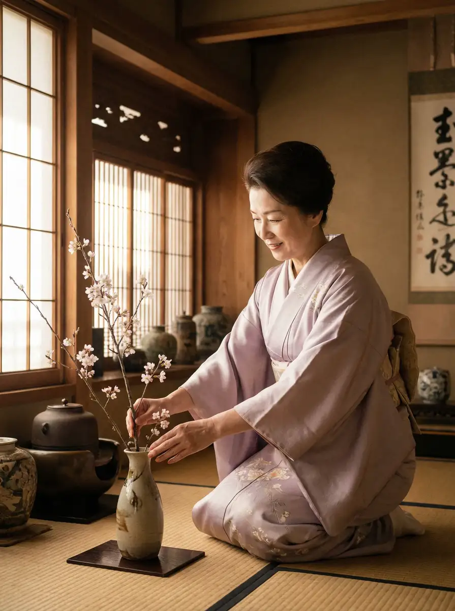 一位优雅的 AG亚娱平台 在和室中插花